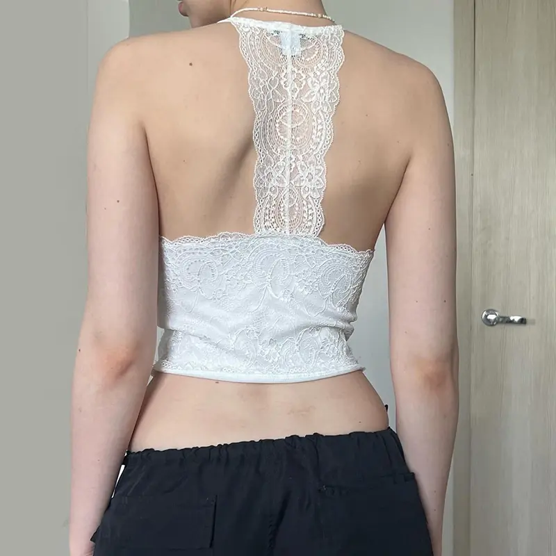 Rockmore Women's Lace Backless Cami Tops Patchwork Double-layer Sleeveless V Neck Solid Crop Camis Slim Tank Tops Summer Corset