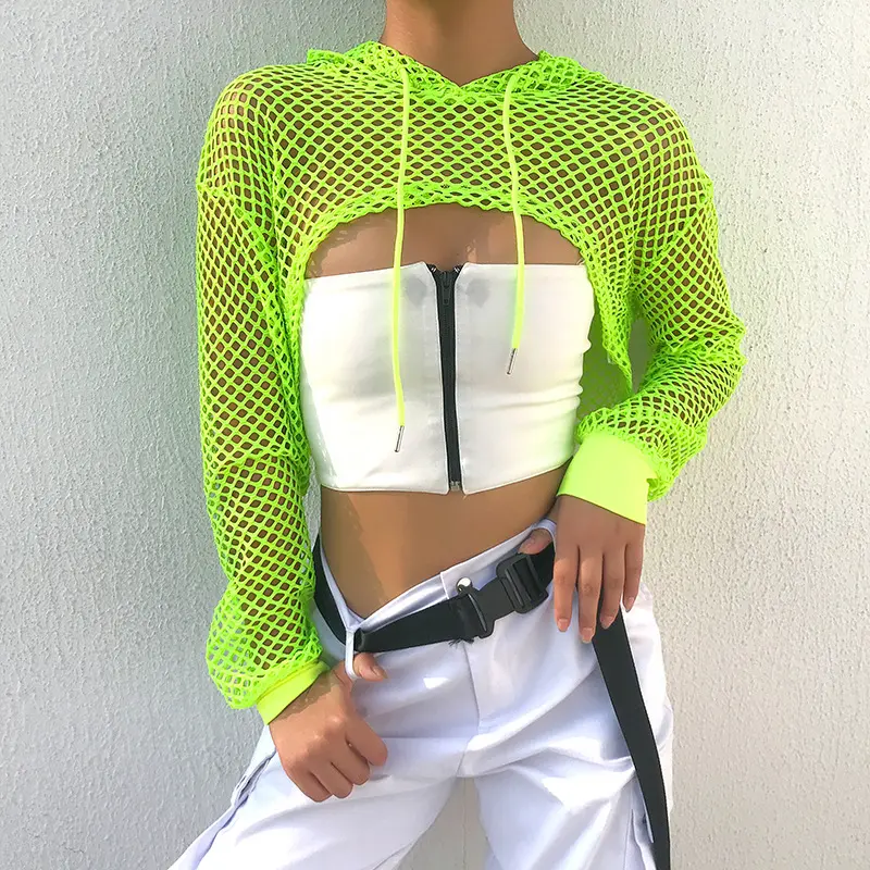Rockmore Sexy Black Mesh Fishnet Top Women's Tshirt See Through Smock Long Sleeve T-shirts Cropped Top Tee Shirt Streetwear 2021
