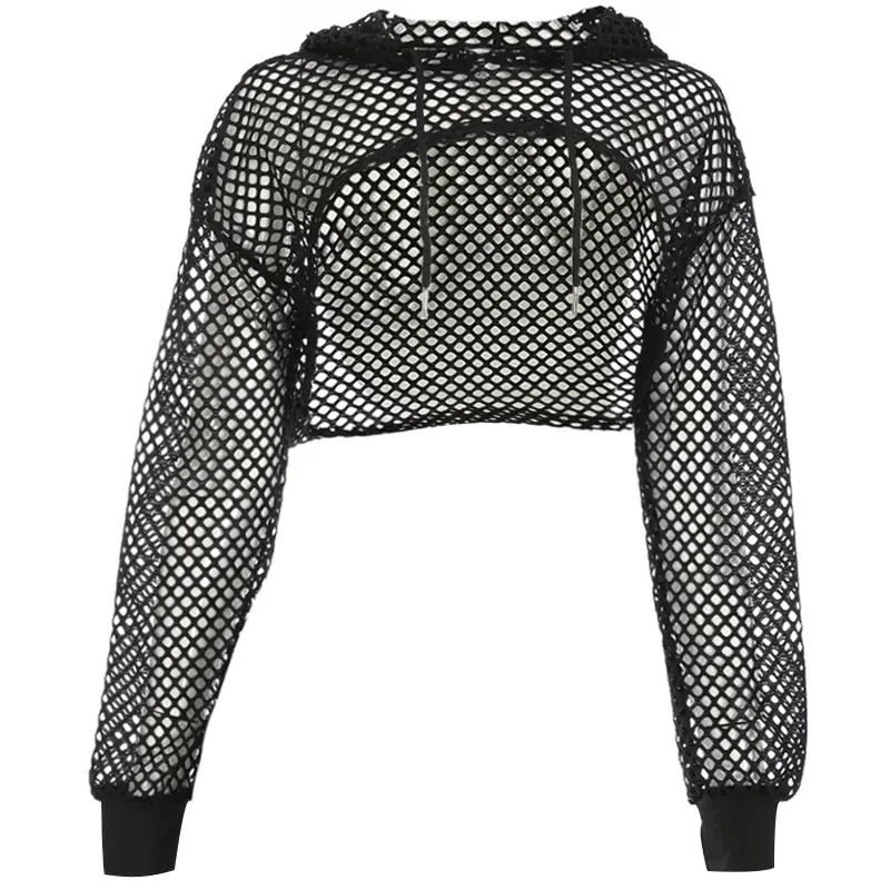 Rockmore Sexy Black Mesh Fishnet Top Women's Tshirt See Through Smock Long Sleeve T-shirts Cropped Top Tee Shirt Streetwear 2021