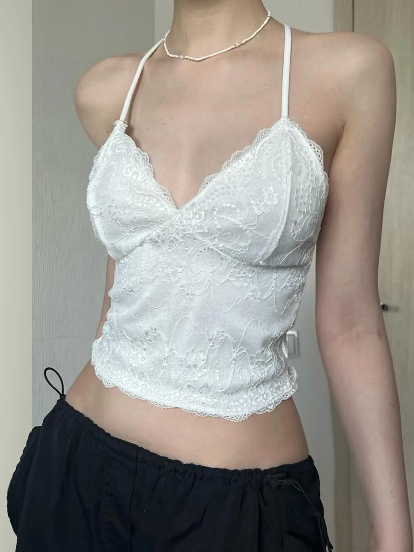 Rockmore Women's Lace Backless Cami Tops Patchwork Double-layer Sleeveless V Neck Solid Crop Camis Slim Tank Tops Summer Corset