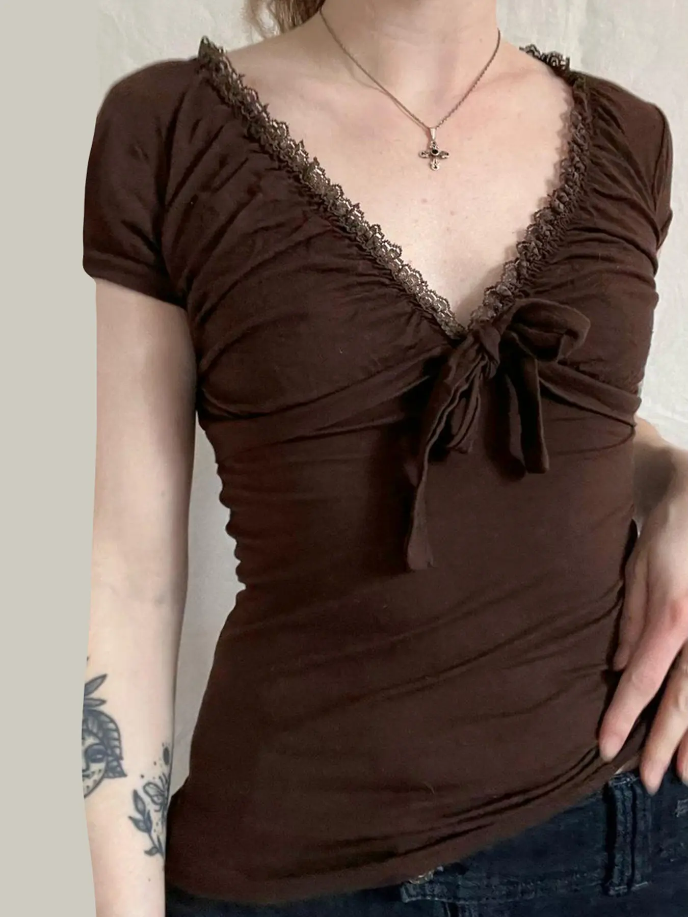 Rockmore 2024 New Retro Brown V-Neck T-shirt Y2k Streetwear Lace Up Tee Summer Short Sleeve Clothes Fashion Women's Tops Elegant