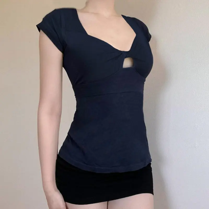 Rockmore Solid Twisted Cut-out T-shirts for Women Square Neck Short Sleeve Stretch Basic Slim Tops Summer Casual T Shirt Korean
