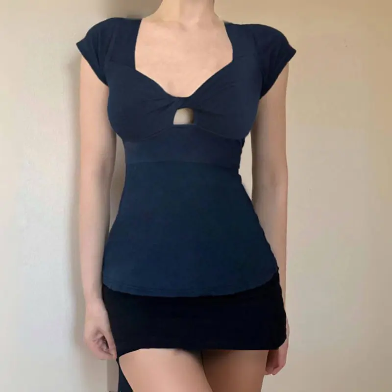 Rockmore Solid Twisted Cut-out T-shirts for Women Square Neck Short Sleeve Stretch Basic Slim Tops Summer Casual T Shirt Korean