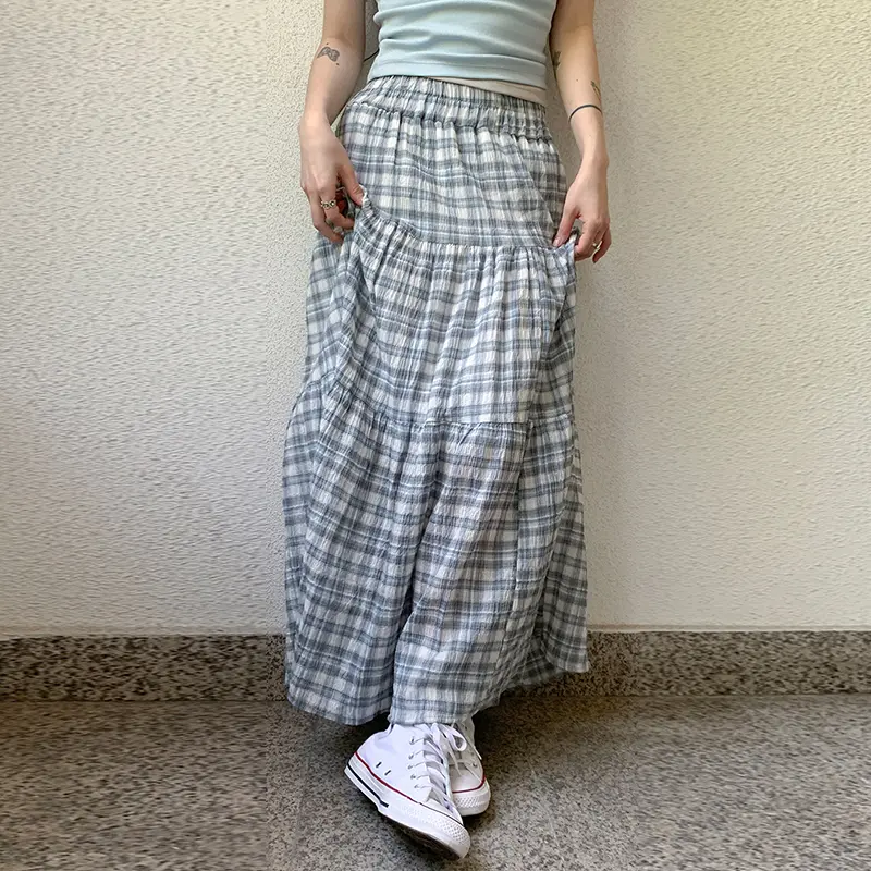 Rockmore Casual Patchwork Plaid Tiered Skirt Women 2025 Vintage Checkered High Waisted Elastic Waist Baggy Long Skirt Korean