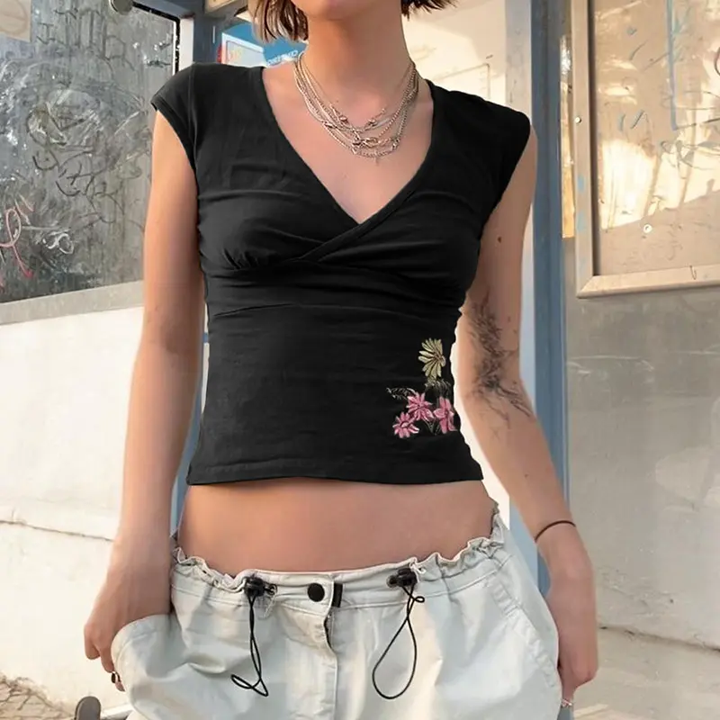 Rockmore Women's Floral Embroidery V Neck T Shirt Summer Vintage Casual Short Sleeve Crop Tops Y2K Coquette Slim T-shirt 2025