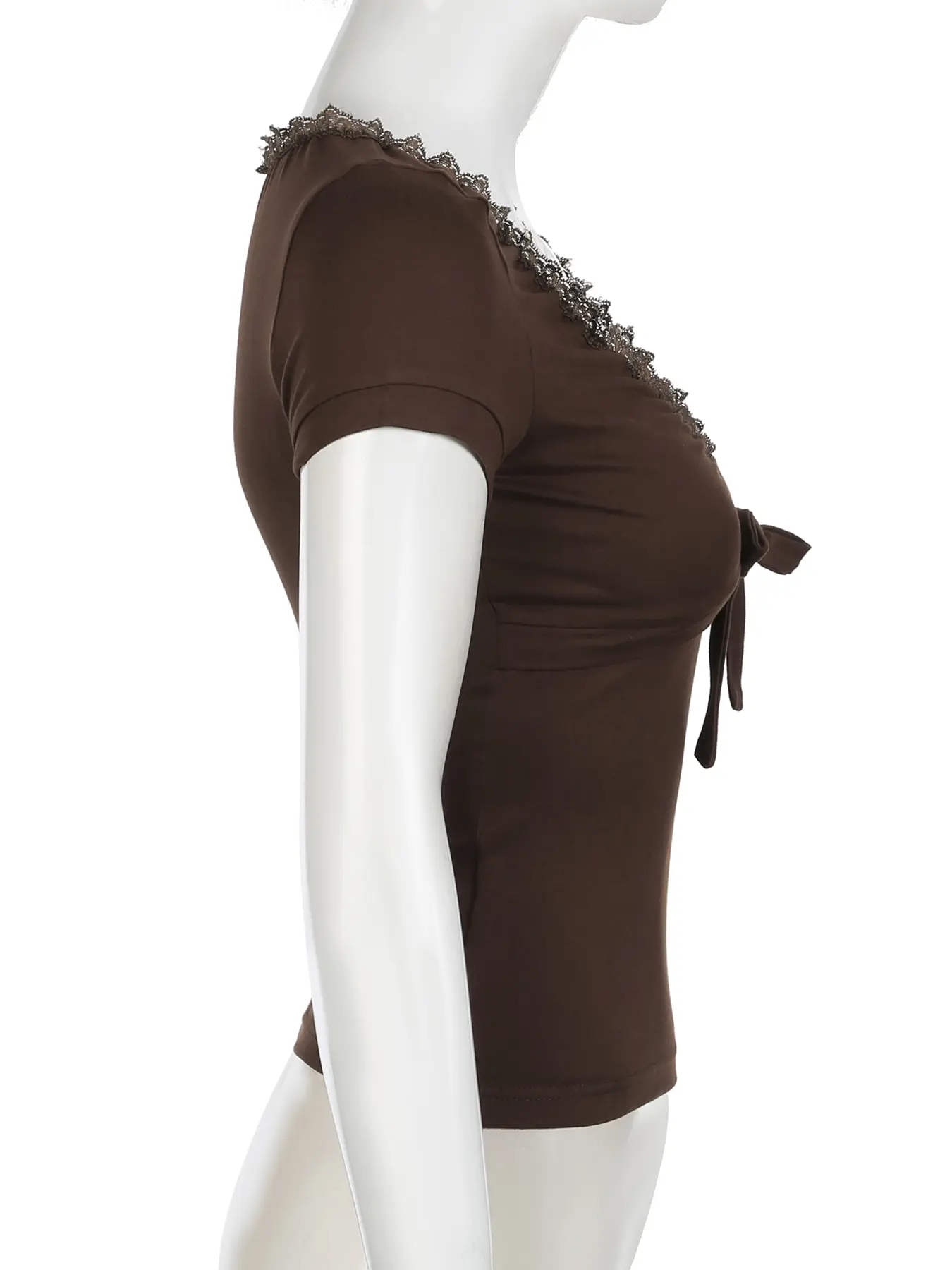Rockmore 2024 New Retro Brown V-Neck T-shirt Y2k Streetwear Lace Up Tee Summer Short Sleeve Clothes Fashion Women's Tops Elegant