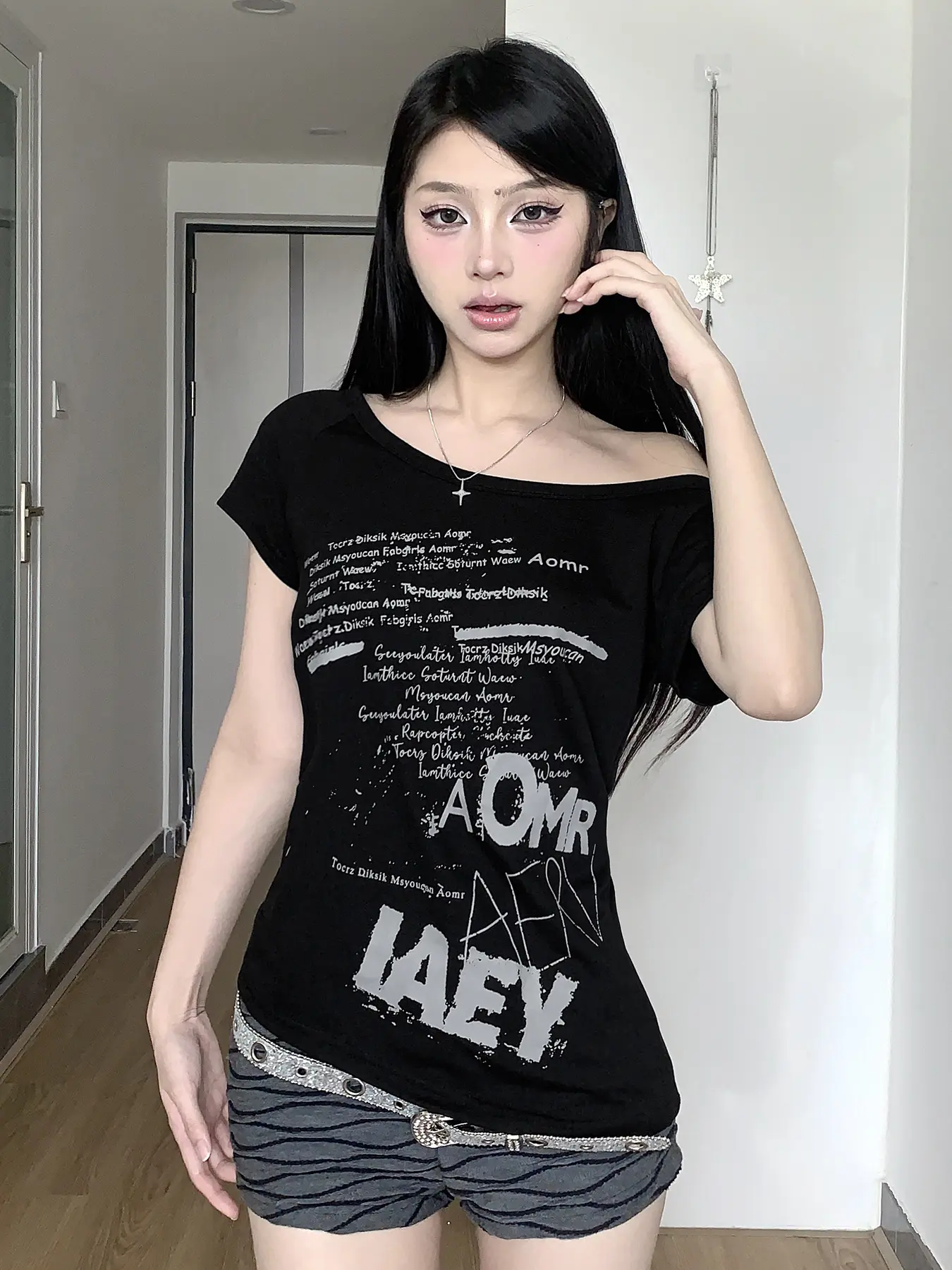 Rockmore Y2k Summer Prints T-shirts Harajuku Vintage Loose Skew Collar Off Shoulder Tops Women Streetwear Grunge Casual Tee New