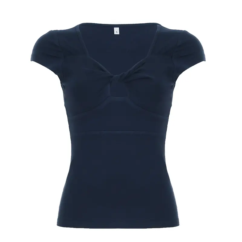Rockmore Solid Twisted Cut-out T-shirts for Women Square Neck Short Sleeve Stretch Basic Slim Tops Summer Casual T Shirt Korean