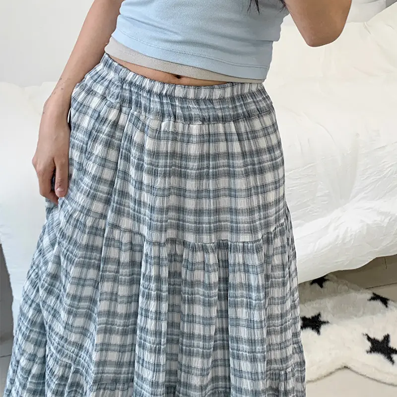 Rockmore Casual Patchwork Plaid Tiered Skirt Women 2025 Vintage Checkered High Waisted Elastic Waist Baggy Long Skirt Korean