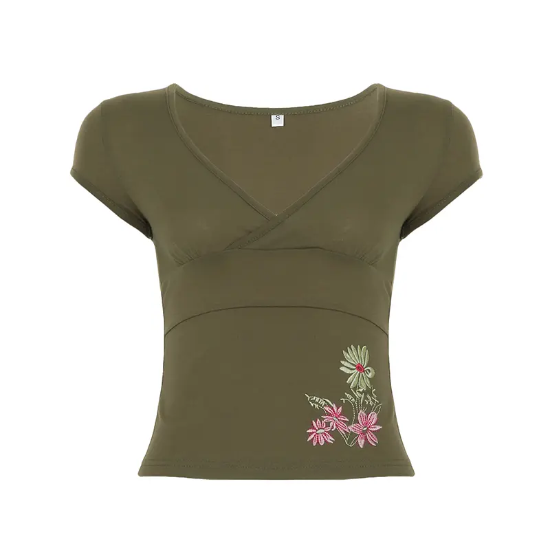 Rockmore Women's Floral Embroidery V Neck T Shirt Summer Vintage Casual Short Sleeve Crop Tops Y2K Coquette Slim T-shirt 2025