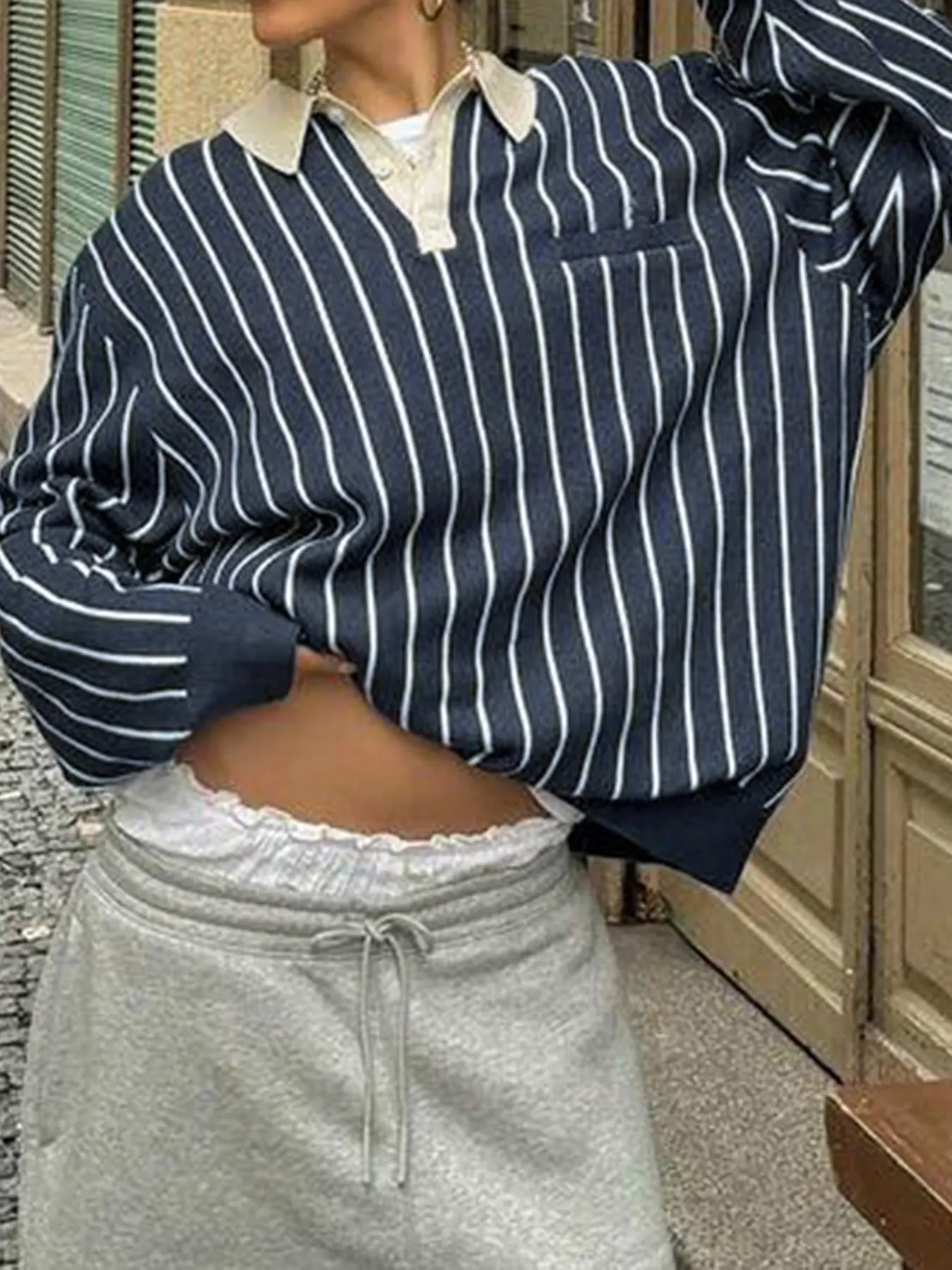 Rockmore Chic Casual Oversize Striped Sweatshirt Korean Fashion Autumn Long Sleeve Top Women's Pullovers All Match Y2k 2000s Y2k