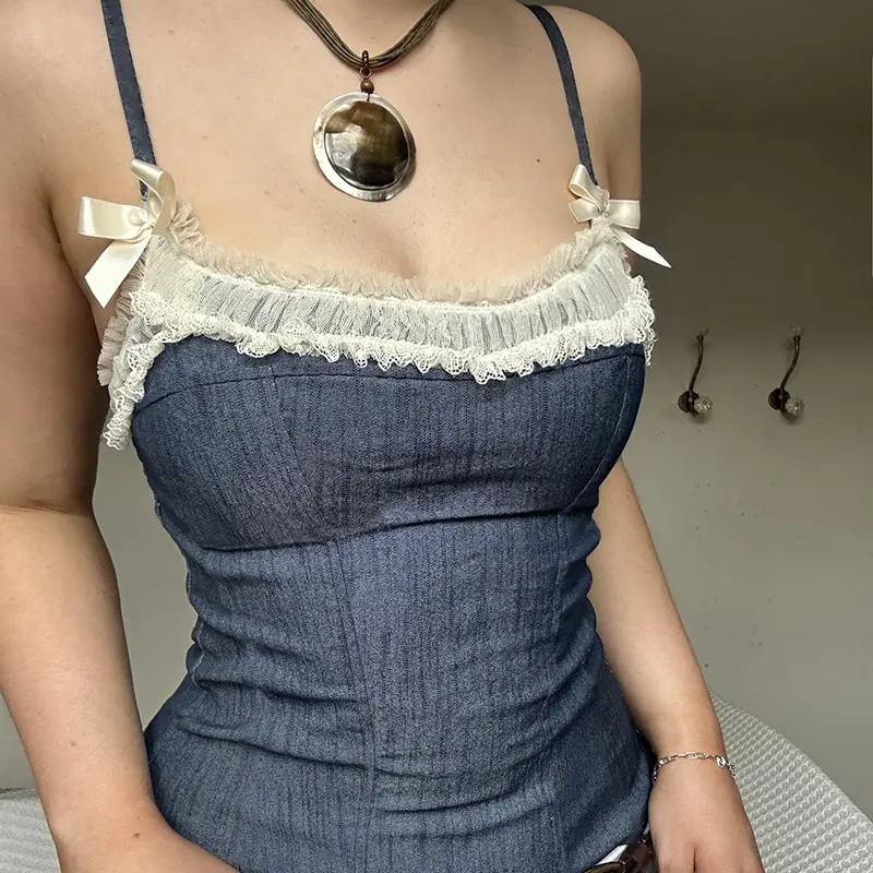 Rockmore Women's Lace Frills Patchwork Camisole Cute Spaghetti Strap Bow Detail Slim Fit Crop Top Y2K Aesthetic Tank Top Females