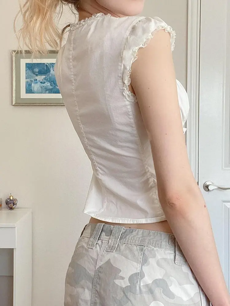 Rockmoer Harajuku White Lace Frills Blouses Y2K Aesthetic Cross bandage Buttons Shirts Women Korean Cotton Casual Sweet Tops