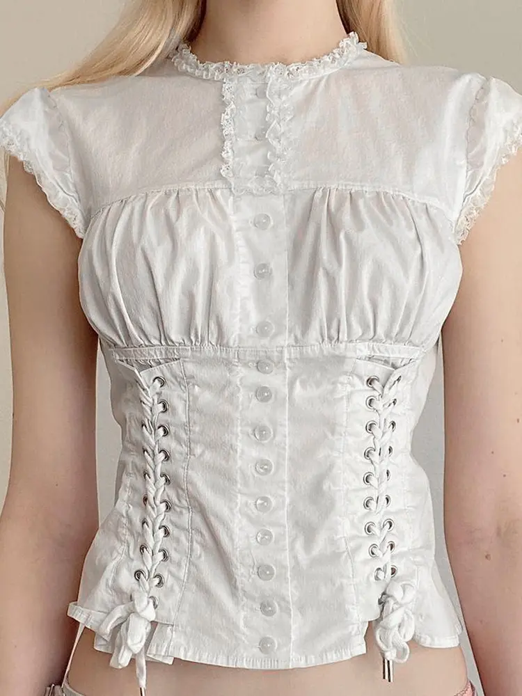 Rockmoer Harajuku White Lace Frills Blouses Y2K Aesthetic Cross bandage Buttons Shirts Women Korean Cotton Casual Sweet Tops