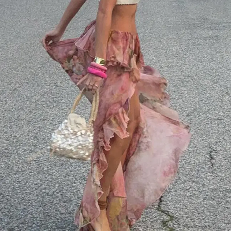Rockmore Floral Print Maxi Skirt Women Boho Ruffle Mesh High Low Hem Skirt for Beach Holiday Vacation Bottom Sexy Summer Clothes