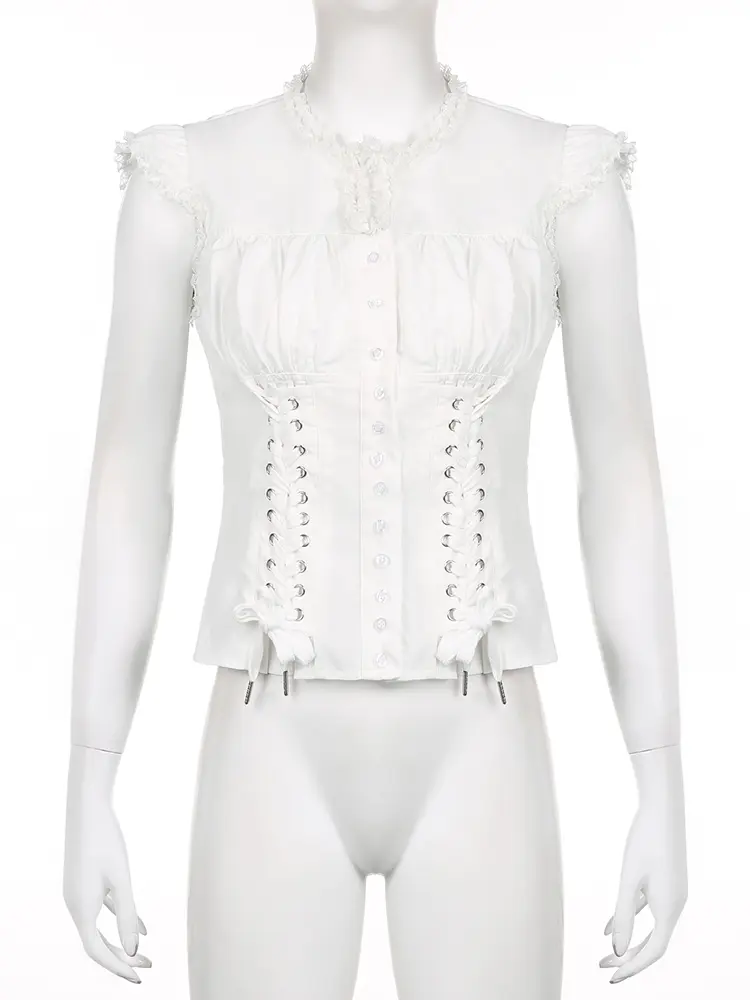 Rockmoer Harajuku White Lace Frills Blouses Y2K Aesthetic Cross bandage Buttons Shirts Women Korean Cotton Casual Sweet Tops