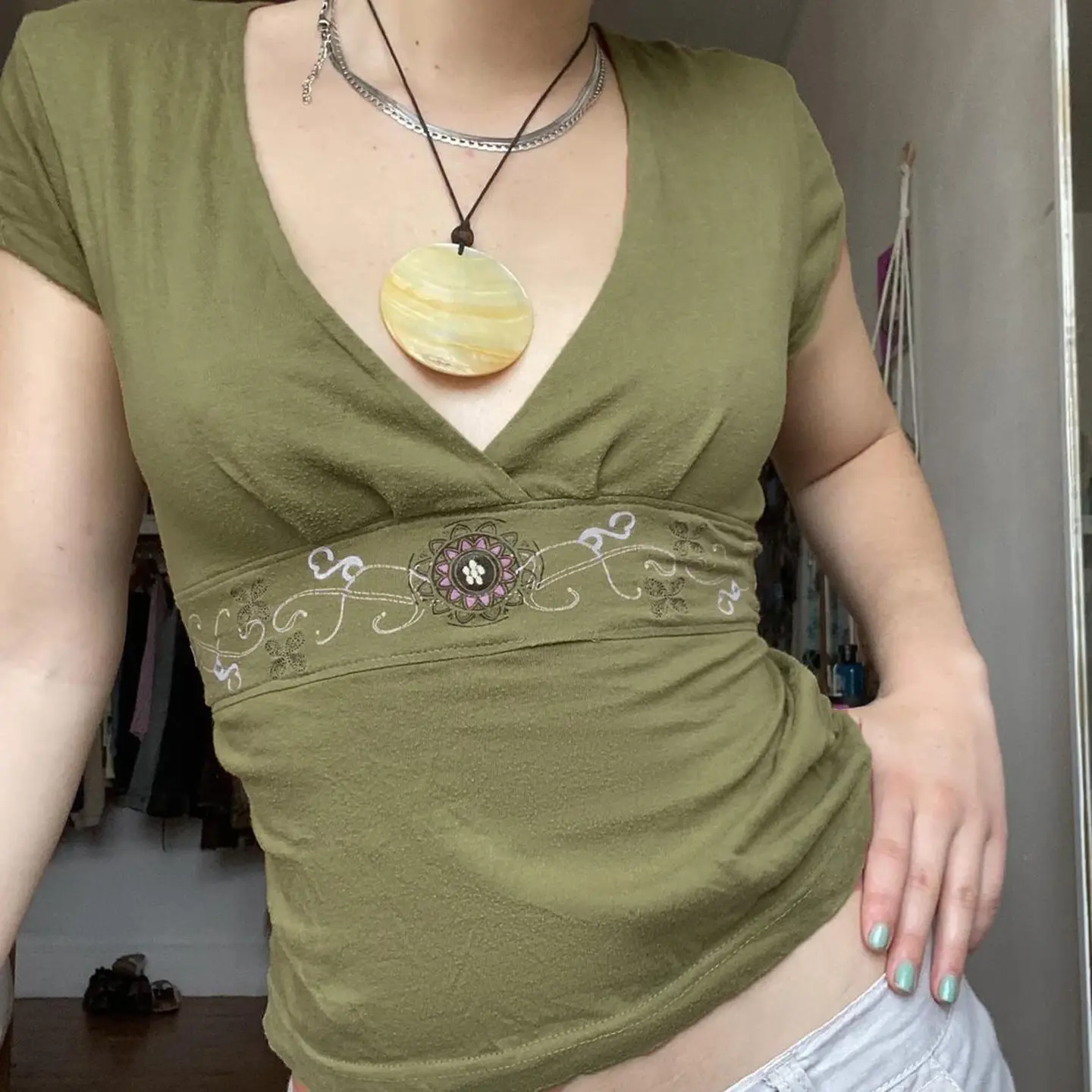 Rockmore Retro Print V-neck Crop Tops Summer Women's Short Sleeve T-shirt y2k Aesthetic Grunge Fairycore Clothes