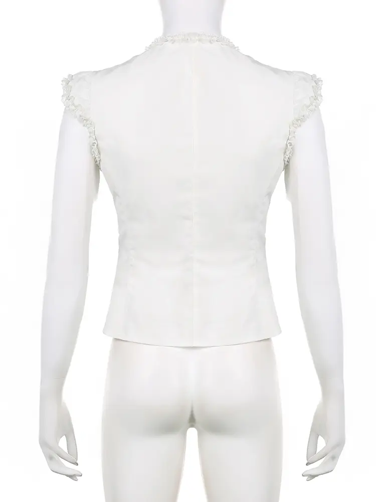 Rockmoer Harajuku White Lace Frills Blouses Y2K Aesthetic Cross bandage Buttons Shirts Women Korean Cotton Casual Sweet Tops