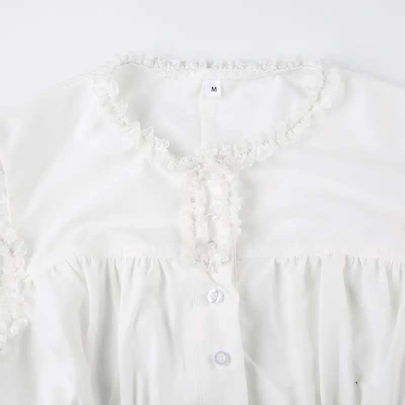 Rockmoer Harajuku White Lace Frills Blouses Y2K Aesthetic Cross bandage Buttons Shirts Women Korean Cotton Casual Sweet Tops