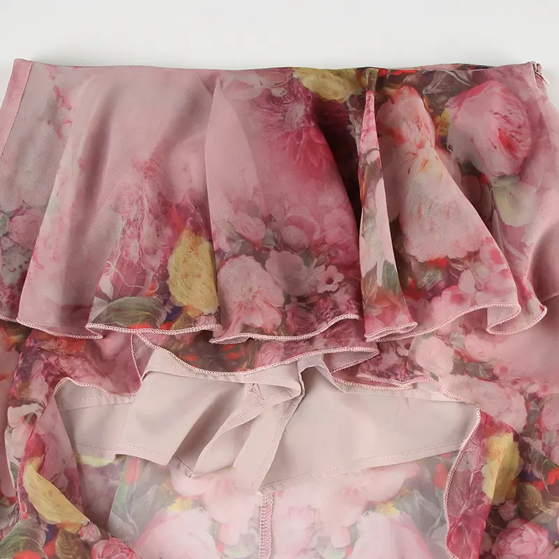 Rockmore Floral Print Maxi Skirt Women Boho Ruffle Mesh High Low Hem Skirt for Beach Holiday Vacation Bottom Sexy Summer Clothes