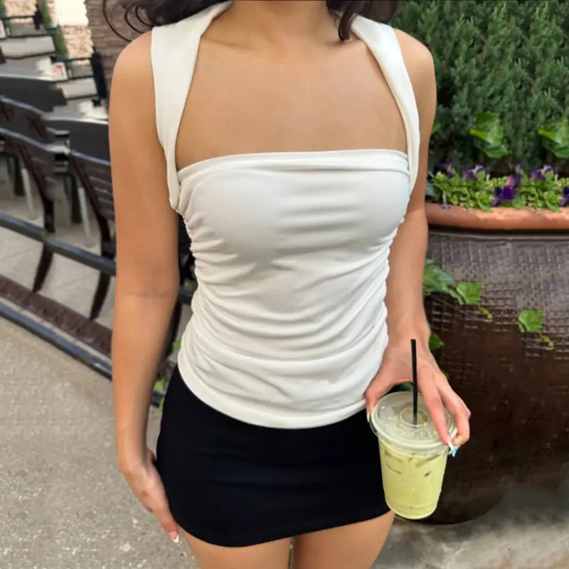 Rockmore Sexy Pleated Slim Vest Solid Color Backless Crop Top Women's Sleeveless Camisole women's Tube Top Cropped vest