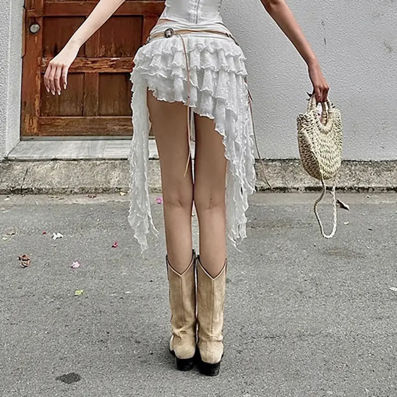Flower Women's Ruffle Irregular Lace Skirt Elegant High Waist Tiered Layer Ribbon Mini Skirt Summer Bottoms Y2k Downtown Girl