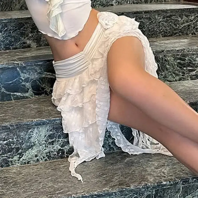 Flower Women's Ruffle Irregular Lace Skirt Elegant High Waist Tiered Layer Ribbon Mini Skirt Summer Bottoms Y2k Downtown Girl