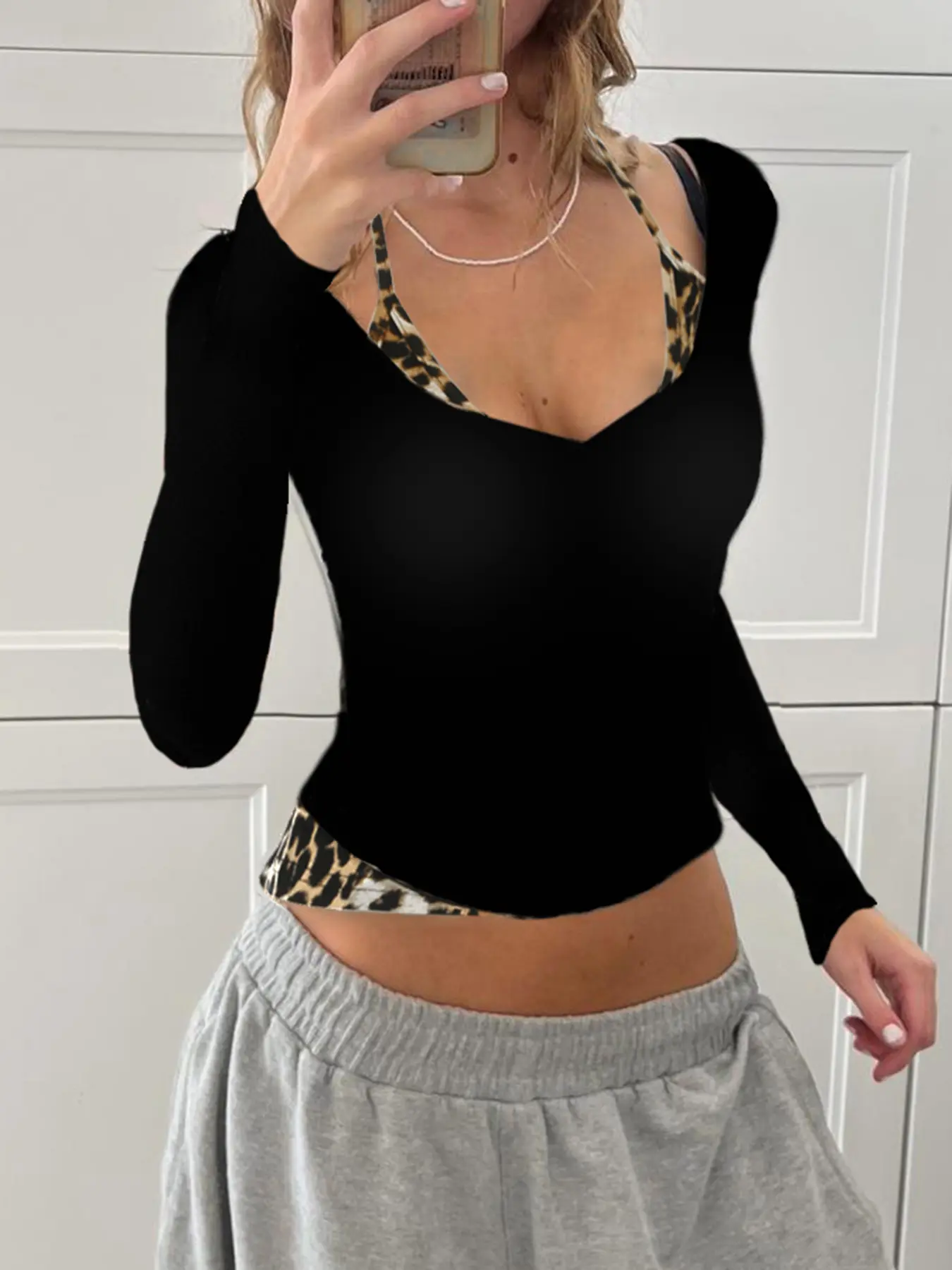 Rockmore Leopard Print Contrast Patchwork Halter T Shirt Women Y2K Aesthetic Long Sleeve T-shirt Autumn Vintage Slim Crop Tops