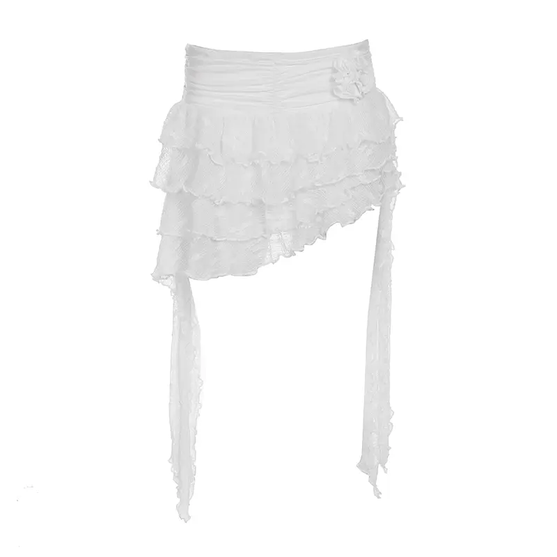 Flower Women's Ruffle Irregular Lace Skirt Elegant High Waist Tiered Layer Ribbon Mini Skirt Summer Bottoms Y2k Downtown Girl
