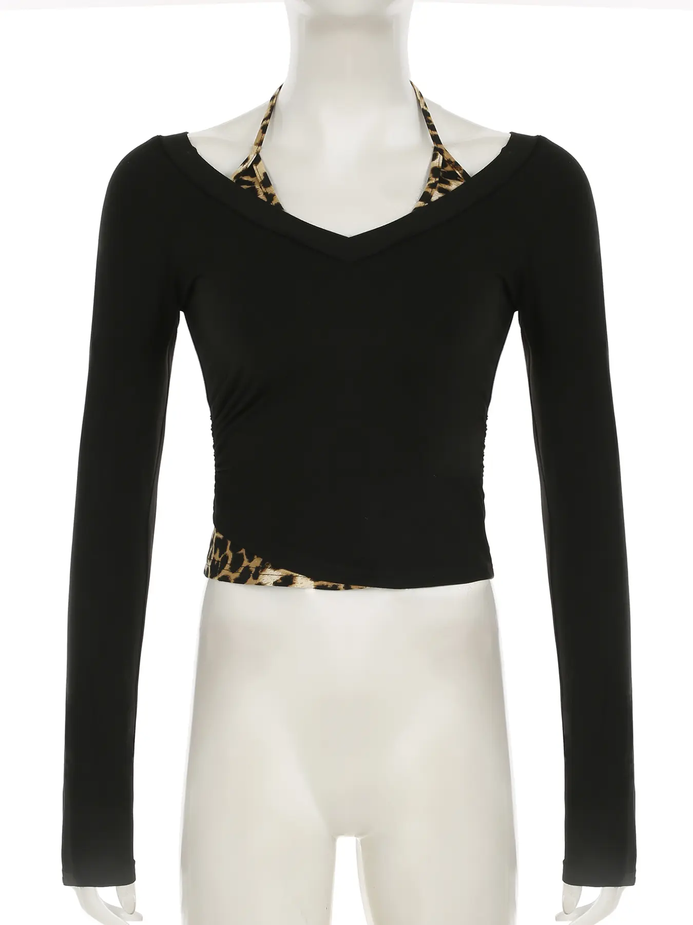 Rockmore Leopard Print Contrast Patchwork Halter T Shirt Women Y2K Aesthetic Long Sleeve T-shirt Autumn Vintage Slim Crop Tops