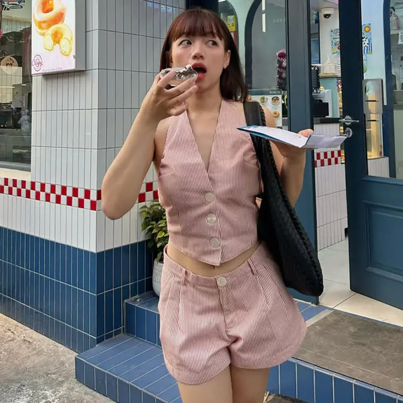 Rockmore Women Two Piece Sets Sleeveless Striped V Neck Crop Tops and Short Pants Suits Street Casual Matching Shorts Sets y2k