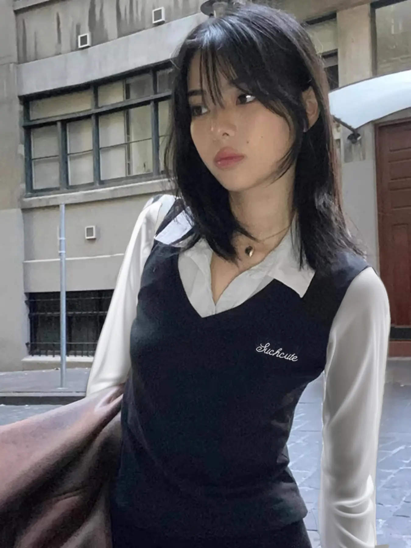 Rockmore Preppy Style Patchwork False Two Piece Long Sleeve T-Shirt Autumn Women Embroidery Casual Korean Lapel Pullover Tops