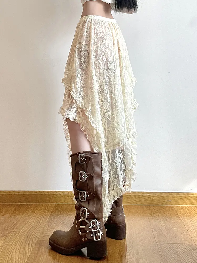 Rockmore Lace Irregular Skirt Grunge Fairycore Women Vintage Y2K Boho Aesthetic Coquette Low Waist Mid Skirts Holiday Outfits