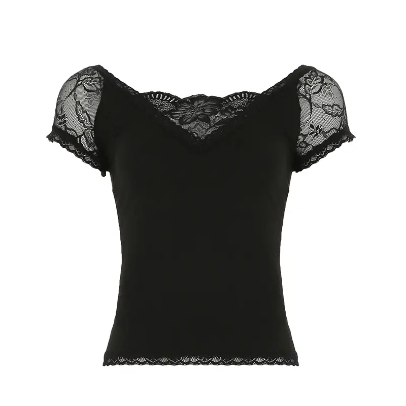 Rockmore Lace Spliced Women T-Shirts Causal Slim Fit Short Sleeve Tops Summer Fashion Simple Sweet Style Basic Solid Color Shirt