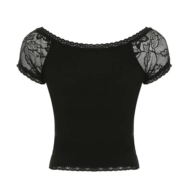 Rockmore Lace Spliced Women T-Shirts Causal Slim Fit Short Sleeve Tops Summer Fashion Simple Sweet Style Basic Solid Color Shirt