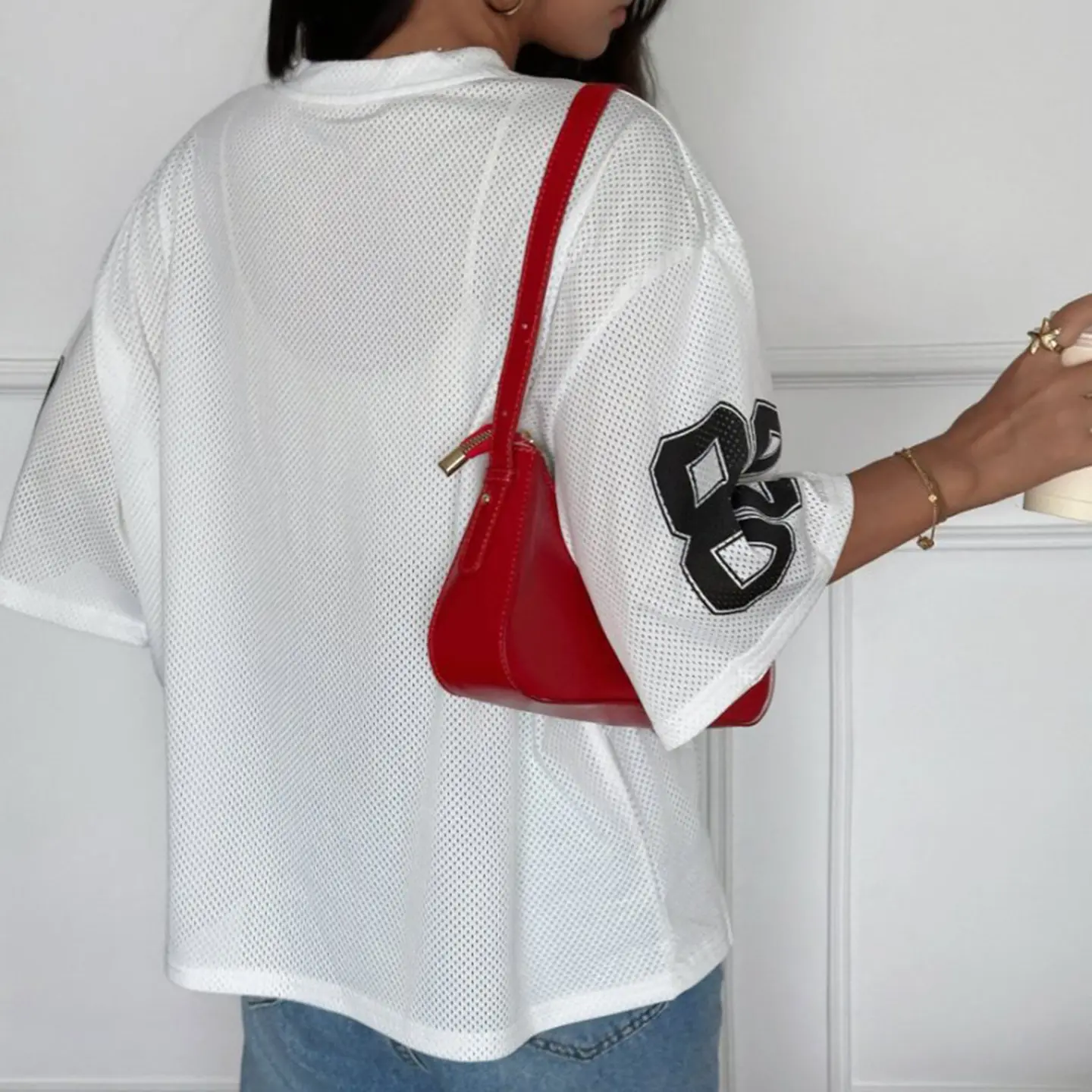 Rockmore Oversize Print Dropped Sleeve T-Shirt Streetwear V-Neck Mesh Breathable Loose Pullover Top Casual Summer Preppy Fashion