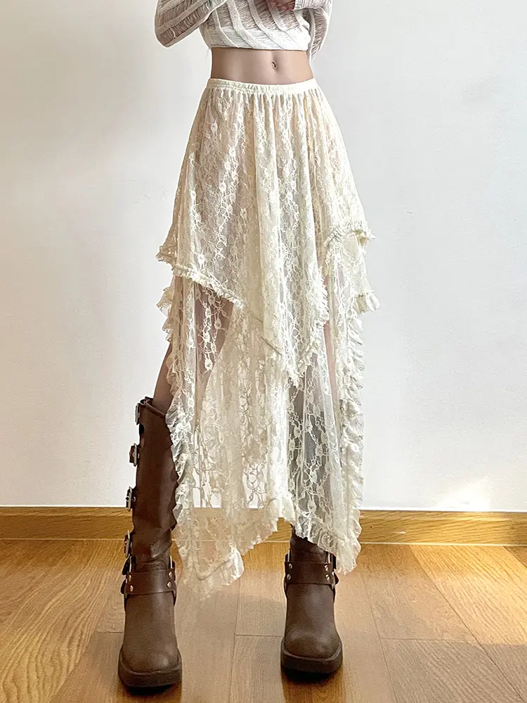 Rockmore Lace Irregular Skirt Grunge Fairycore Women Vintage Y2K Boho Aesthetic Coquette Low Waist Mid Skirts Holiday Outfits