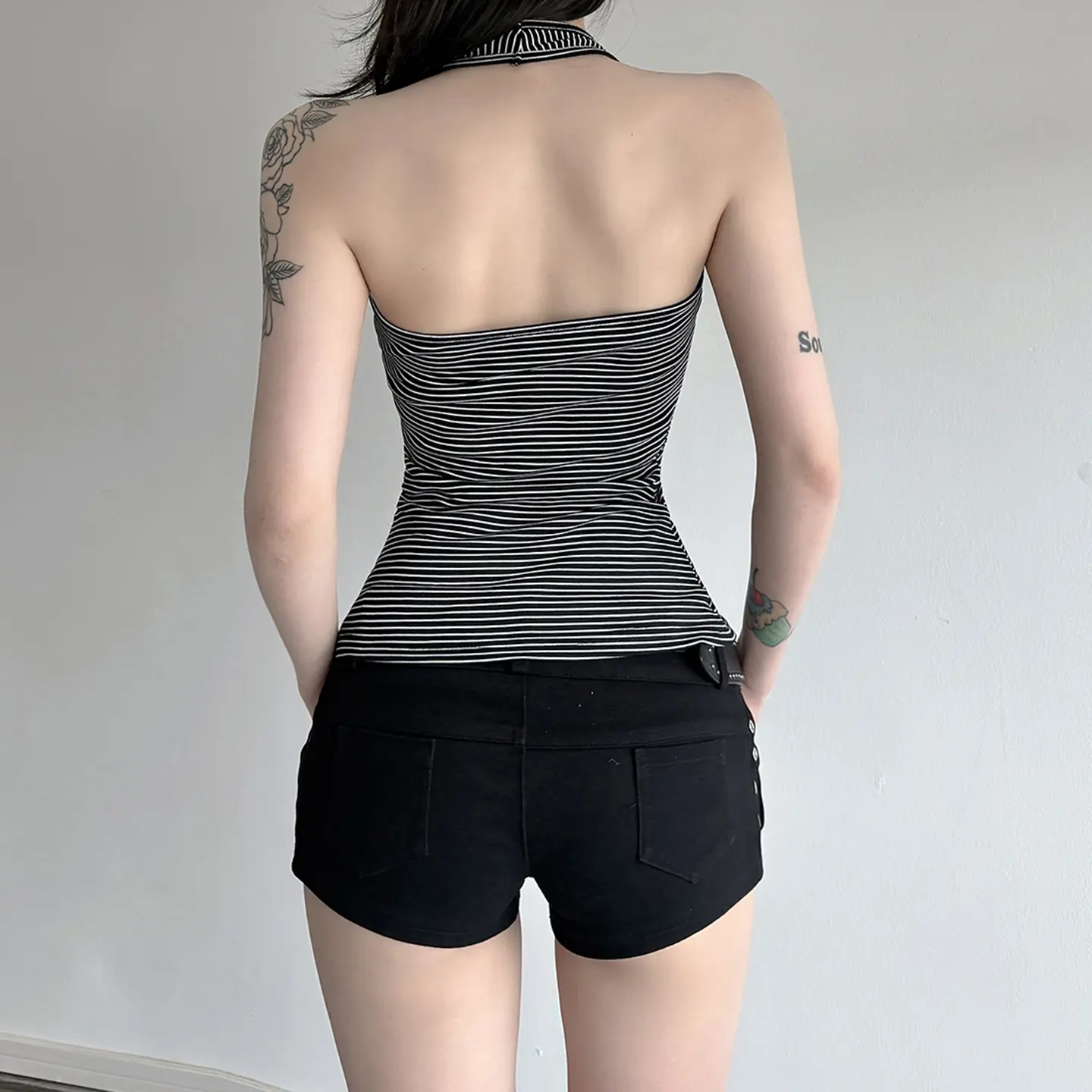 Rockmore Women's Striped U-neck Halter Top Korean Coquette Backless Tanks Street Fashion Sexy Sleeveless Cami Top Summer Ladies