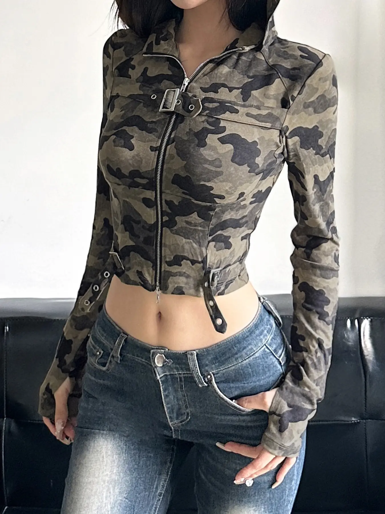Rockmore Camouflage Retro Hooded T-shirts Women Streetwear Short Slim Clothes Causal Y2k Zipper Long Sleeve Crop Top Grunge Tees