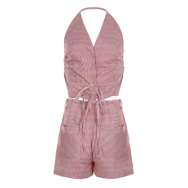 Rockmore Women Two Piece Sets Sleeveless Striped V Neck Crop Tops and Short Pants Suits Street Casual Matching Shorts Sets y2k