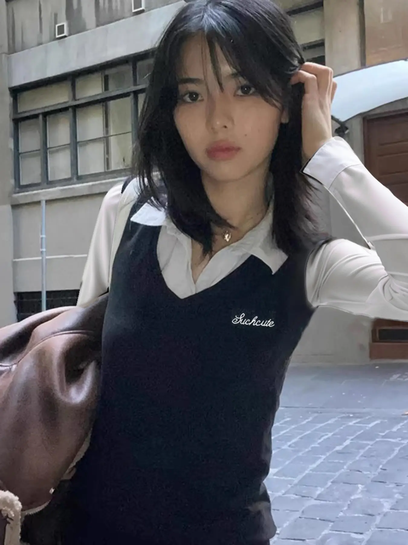Rockmore Preppy Style Patchwork False Two Piece Long Sleeve T-Shirt Autumn Women Embroidery Casual Korean Lapel Pullover Tops