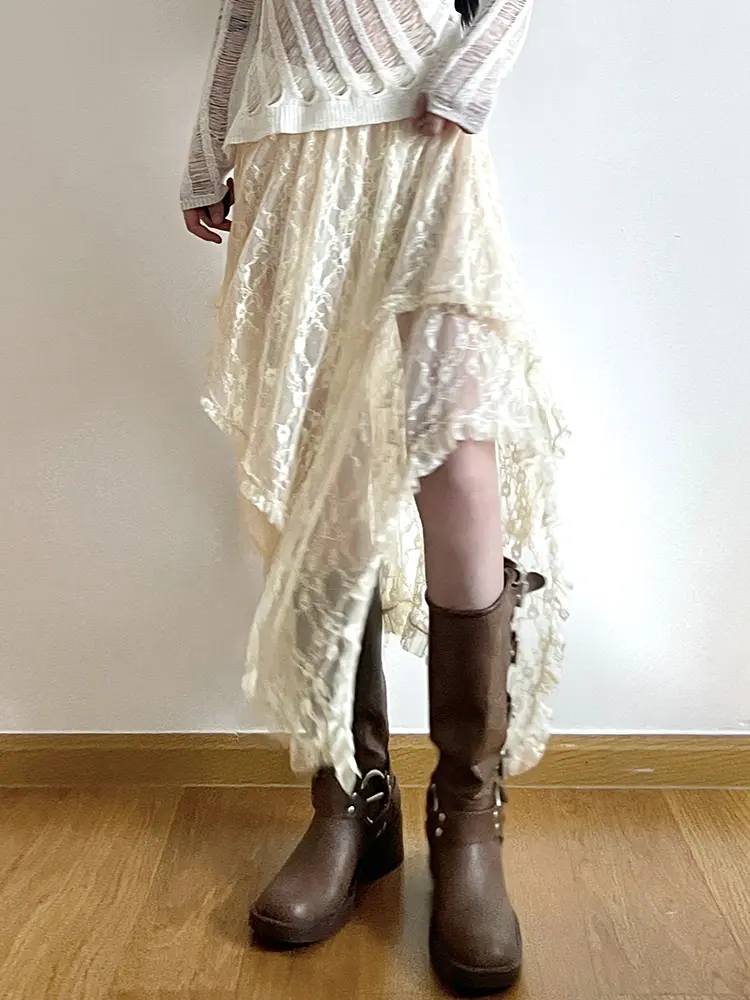 Rockmore Lace Irregular Skirt Grunge Fairycore Women Vintage Y2K Boho Aesthetic Coquette Low Waist Mid Skirts Holiday Outfits