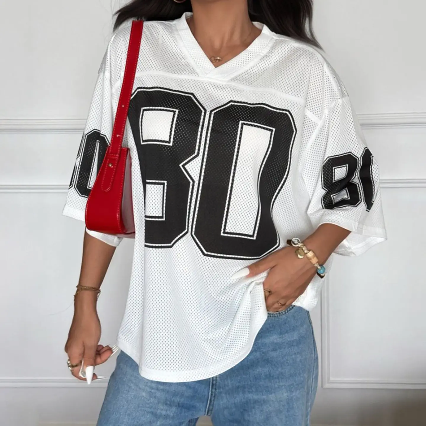 Rockmore Oversize Print Dropped Sleeve T-Shirt Streetwear V-Neck Mesh Breathable Loose Pullover Top Casual Summer Preppy Fashion