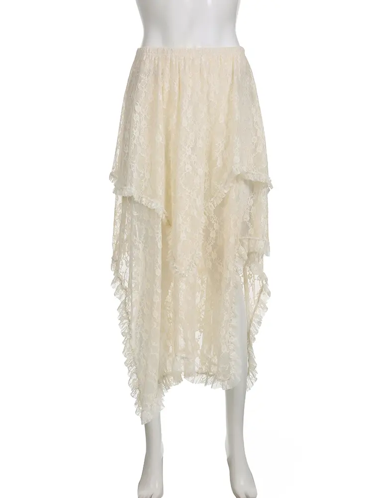 Rockmore Lace Irregular Skirt Grunge Fairycore Women Vintage Y2K Boho Aesthetic Coquette Low Waist Mid Skirts Holiday Outfits