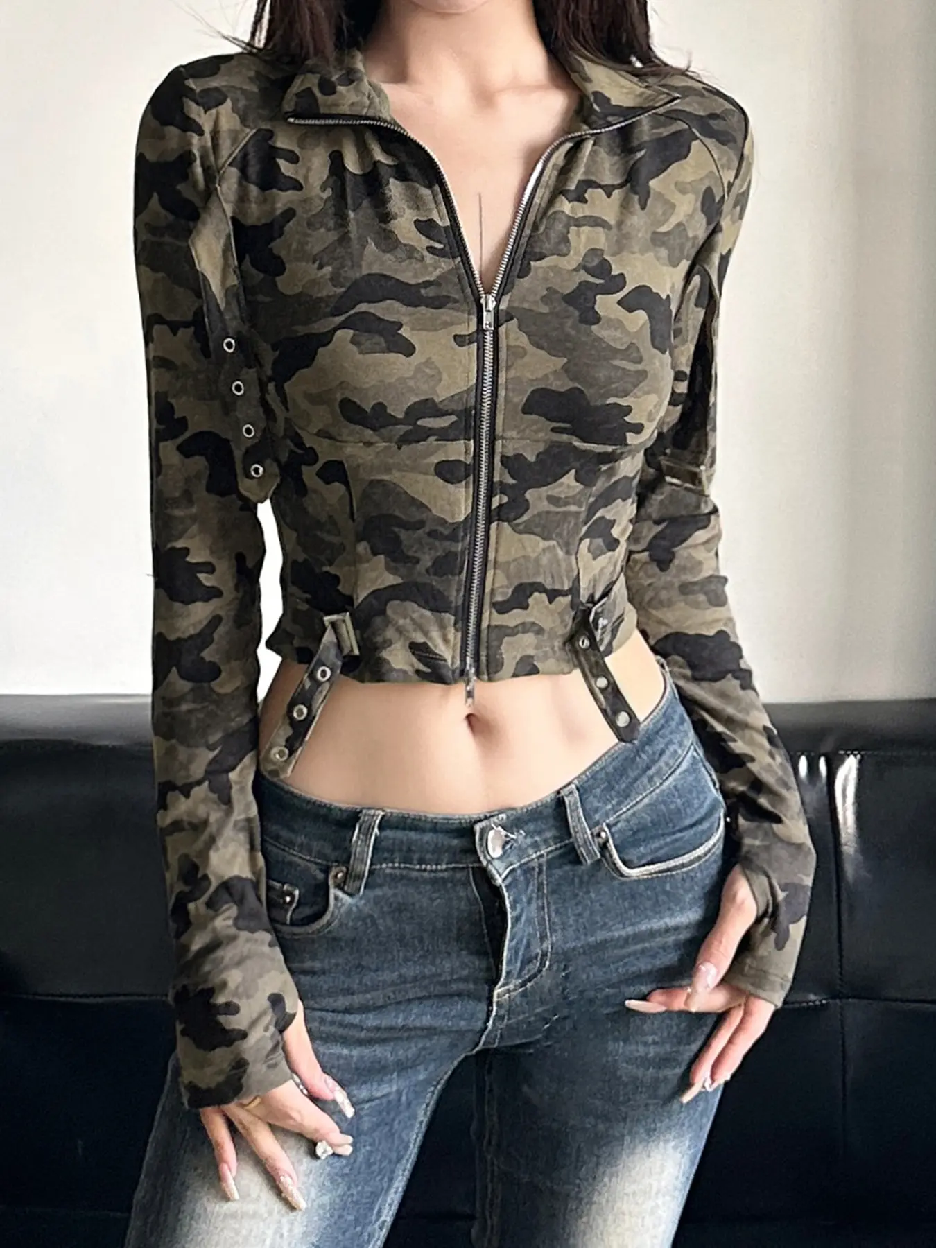 Rockmore Camouflage Retro Hooded T-shirts Women Streetwear Short Slim Clothes Causal Y2k Zipper Long Sleeve Crop Top Grunge Tees