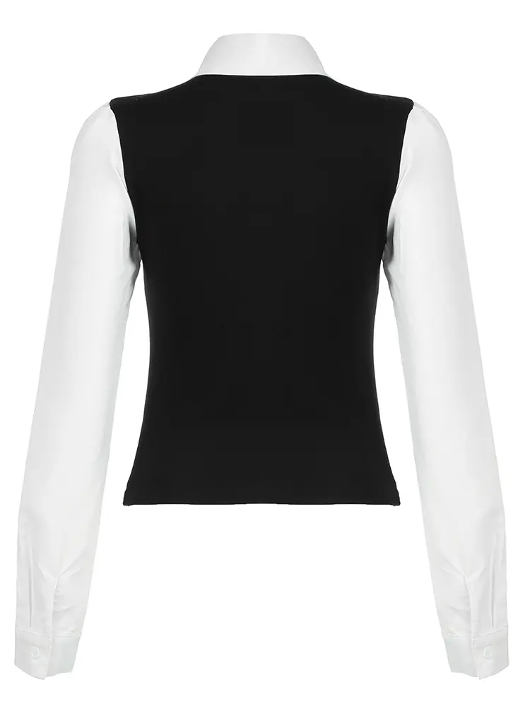 Rockmore Preppy Style Patchwork False Two Piece Long Sleeve T-Shirt Autumn Women Embroidery Casual Korean Lapel Pullover Tops
