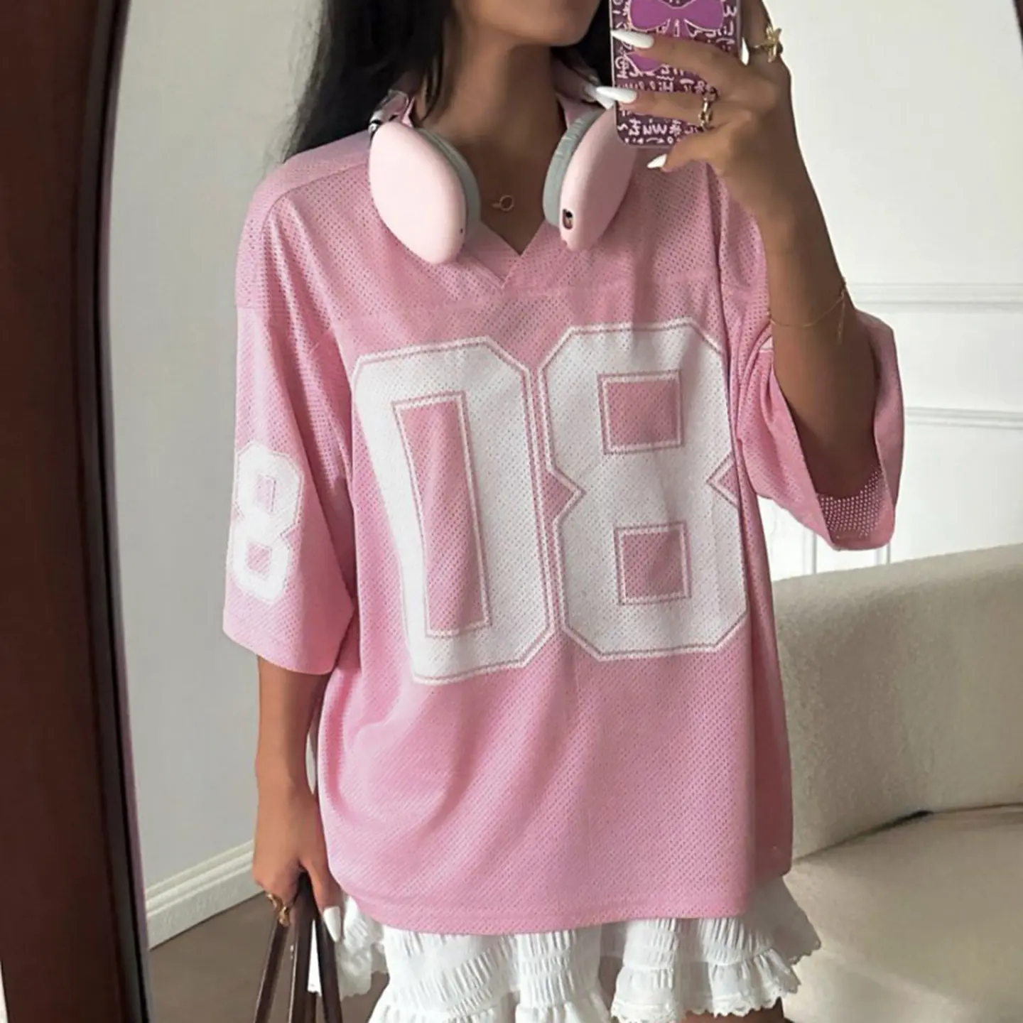 Rockmore Oversize Print Dropped Sleeve T-Shirt Streetwear V-Neck Mesh Breathable Loose Pullover Top Casual Summer Preppy Fashion