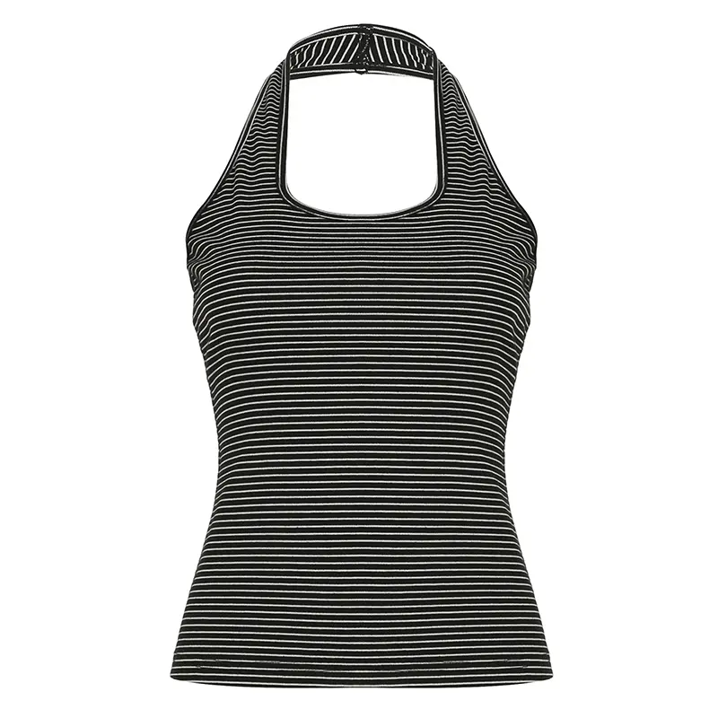 Rockmore Women's Striped U-neck Halter Top Korean Coquette Backless Tanks Street Fashion Sexy Sleeveless Cami Top Summer Ladies