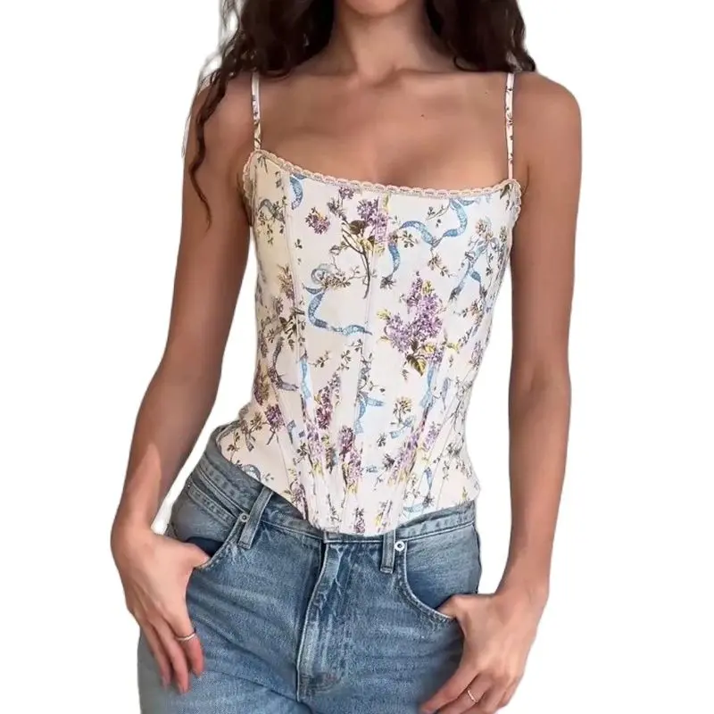 Rockmore French Floral Print Corset Top Women Elegant Backless Cross Bandage Camis Crop Top Y2K Aesthetic Vintage Female Bustier