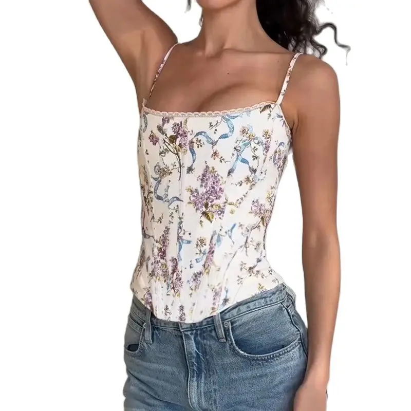 Rockmore French Floral Print Corset Top Women Elegant Backless Cross Bandage Camis Crop Top Y2K Aesthetic Vintage Female Bustier